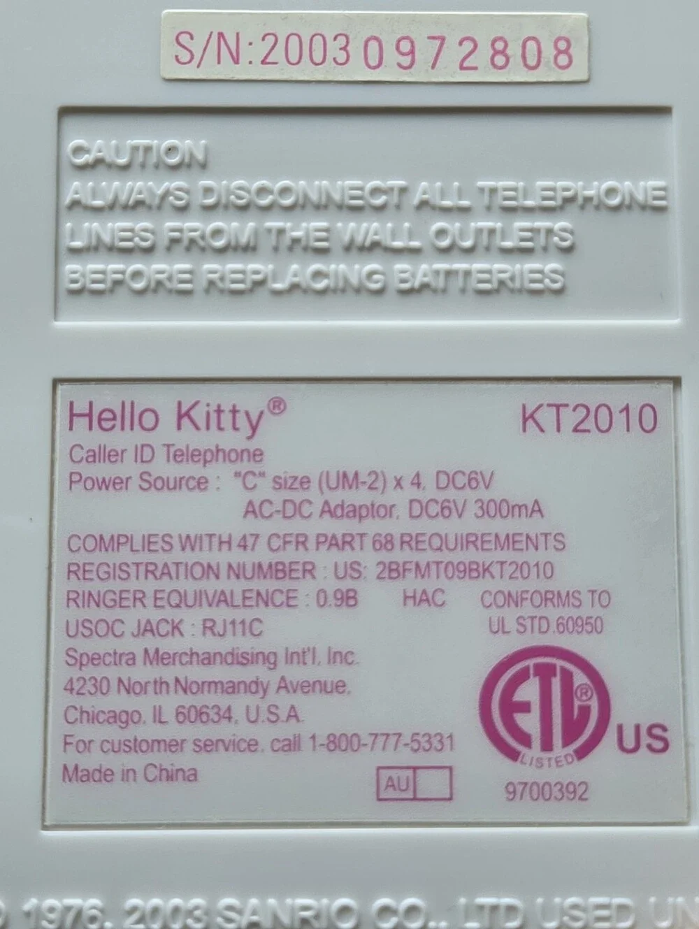 Working Hello Kitty Pink & White Desk Landline Phone Angel Figurine